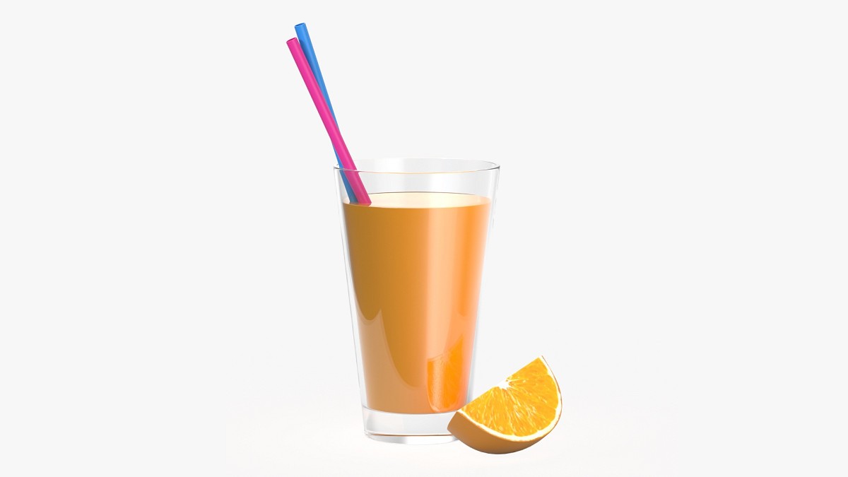 Glass with orange juice straws and orange slice