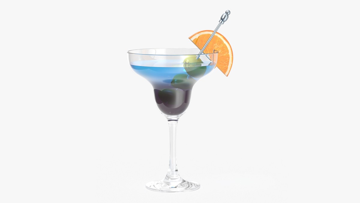 Margarita glass with olives and orange slice