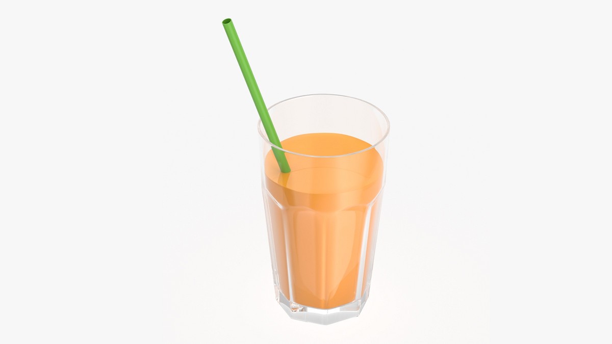 Tall rocks glass with orange juice and straw