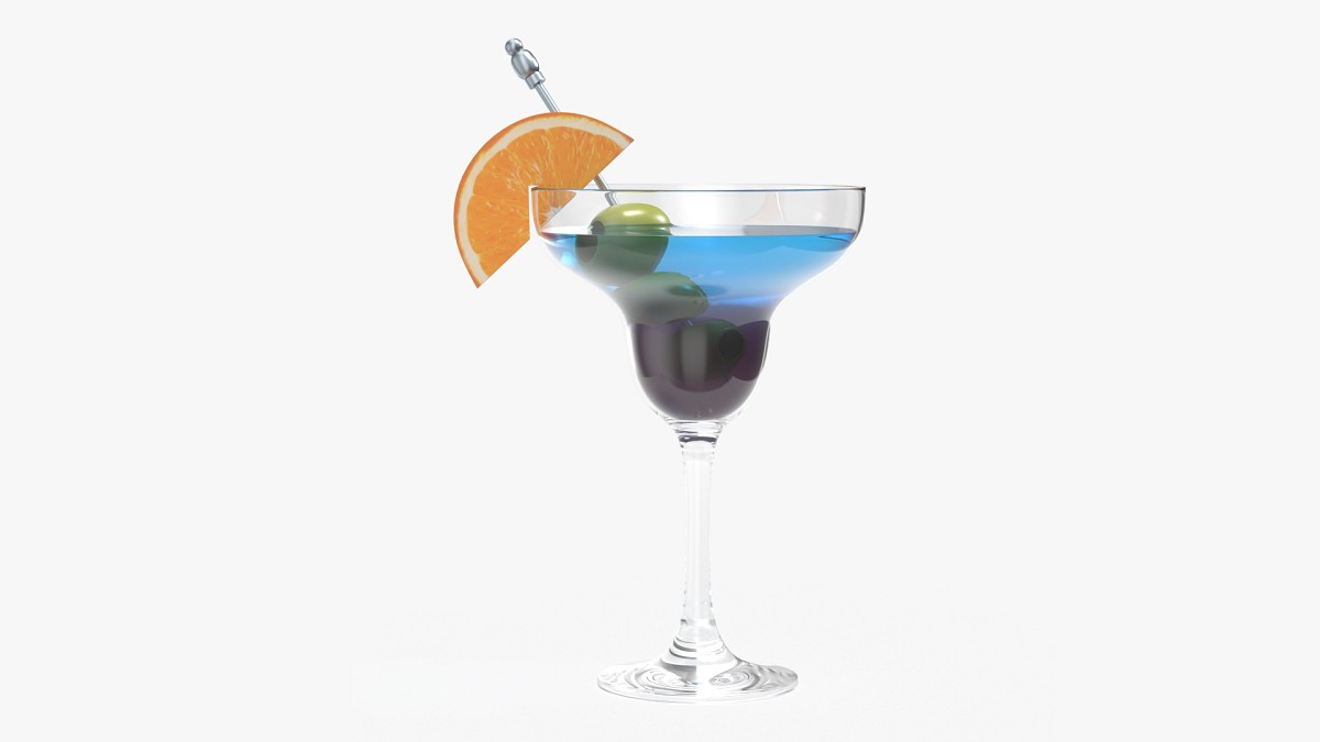Margarita glass with olives and orange slice