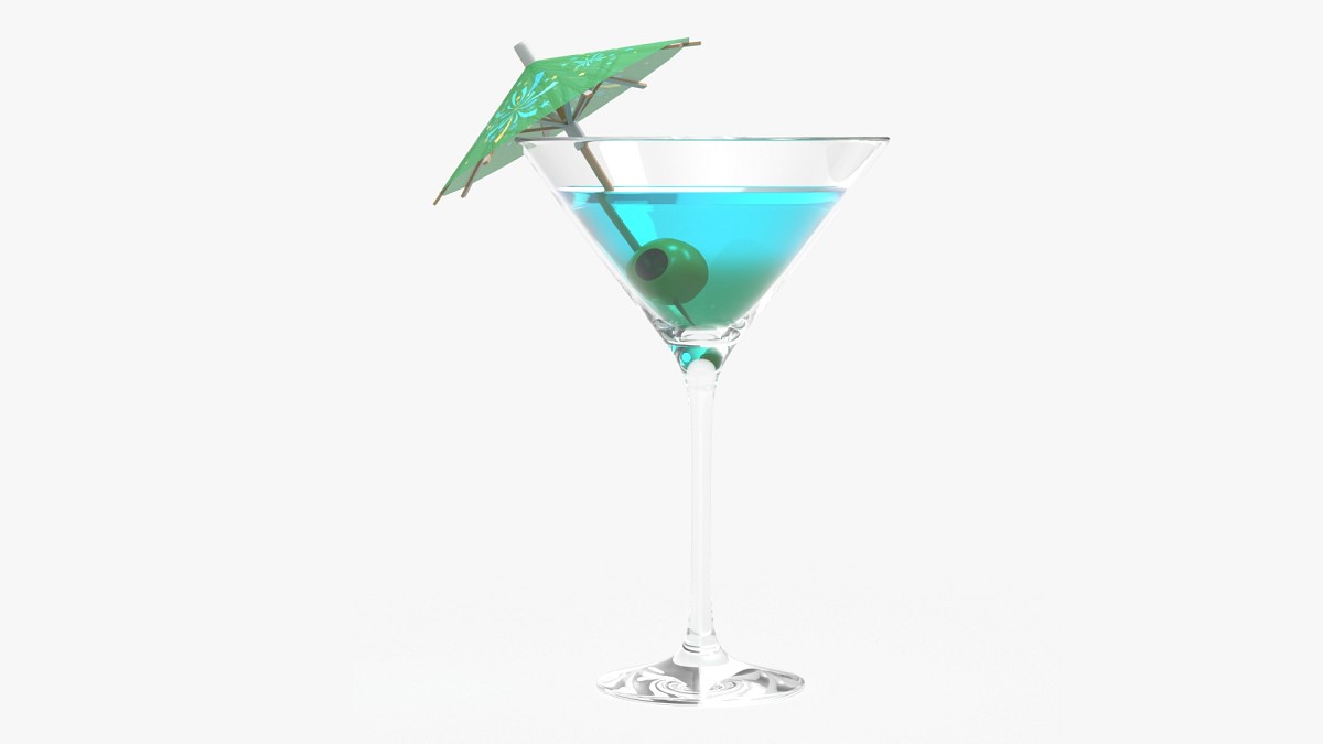 Martini glass with olive and umbrella