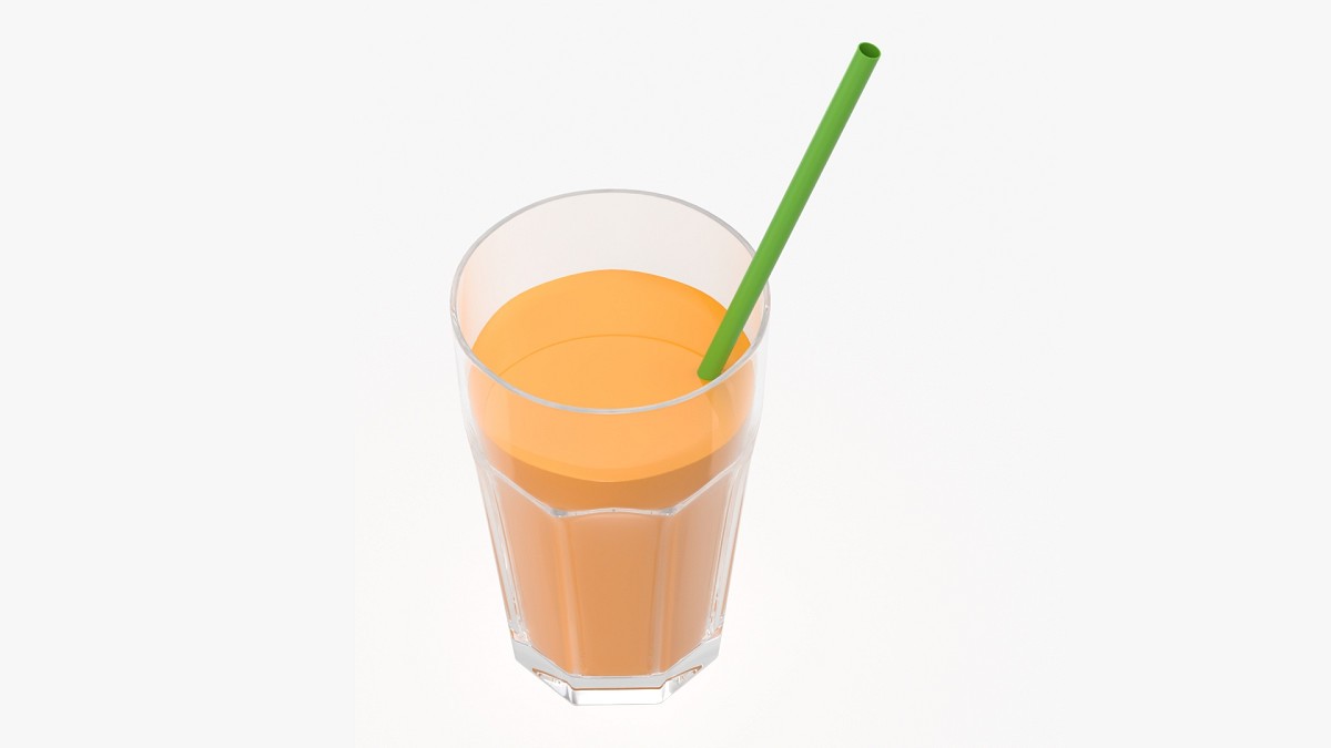 Tall rocks glass with orange juice and straw