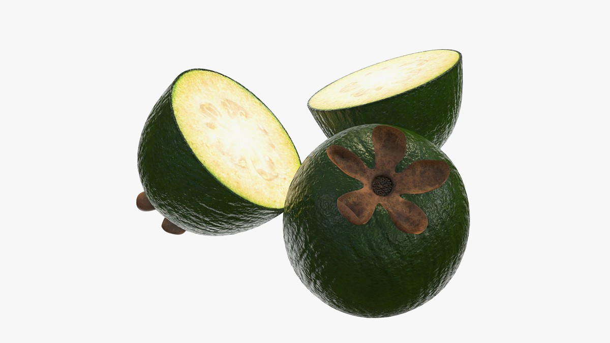 Feijoa tropical fruit whole cut in half