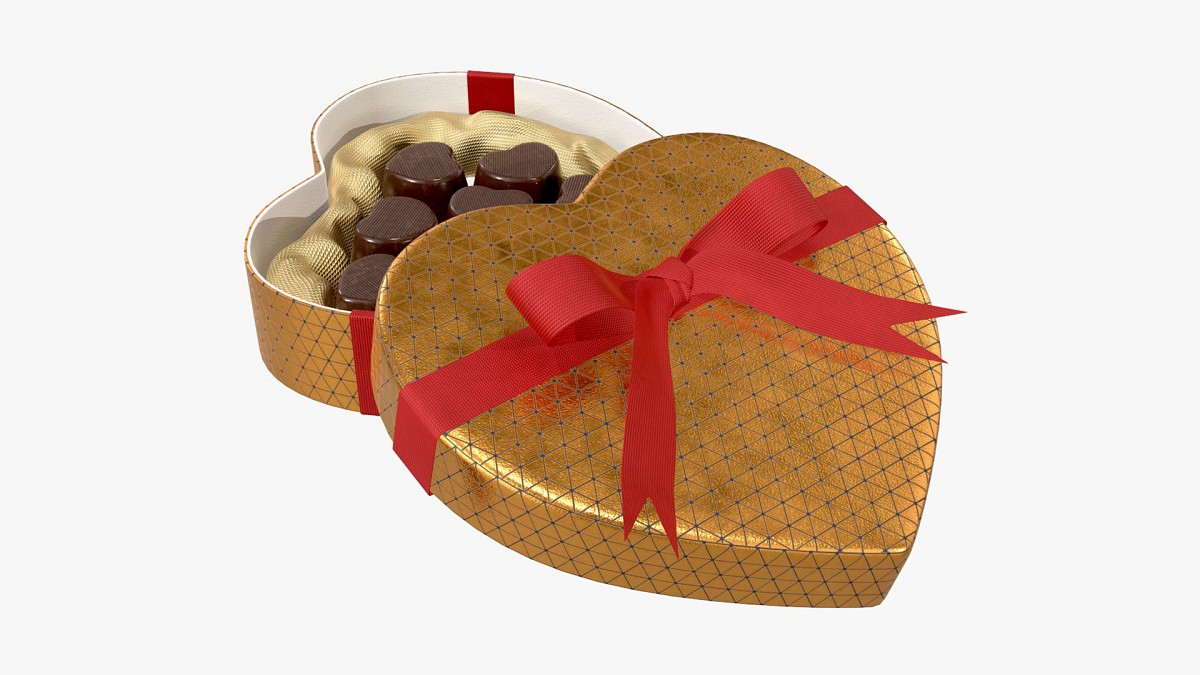 Heart shaped box with chocolate and ribbon tied round with bow