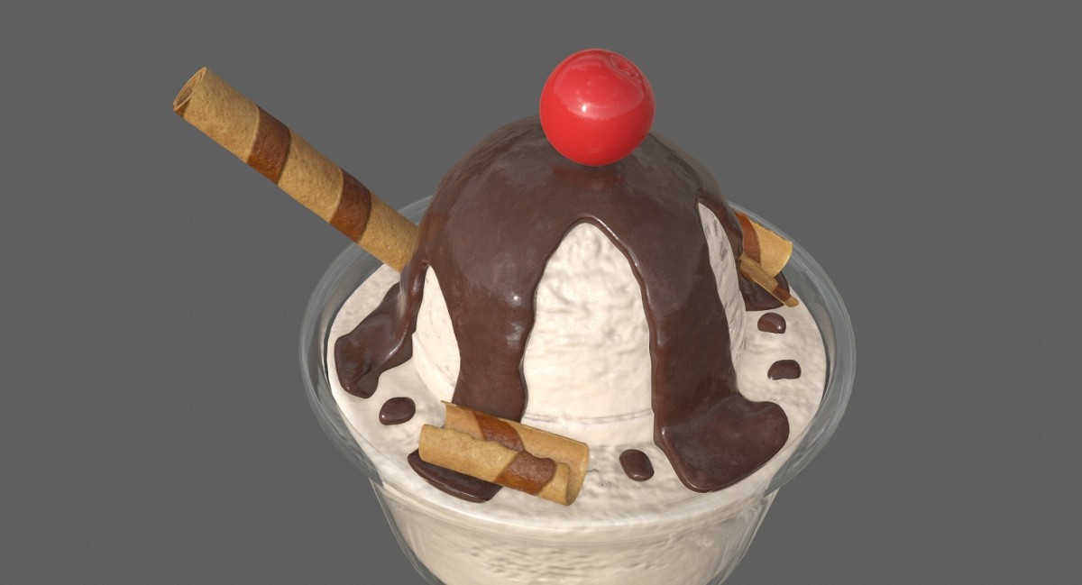 Ice cream with chocolate and cherry in glass dish