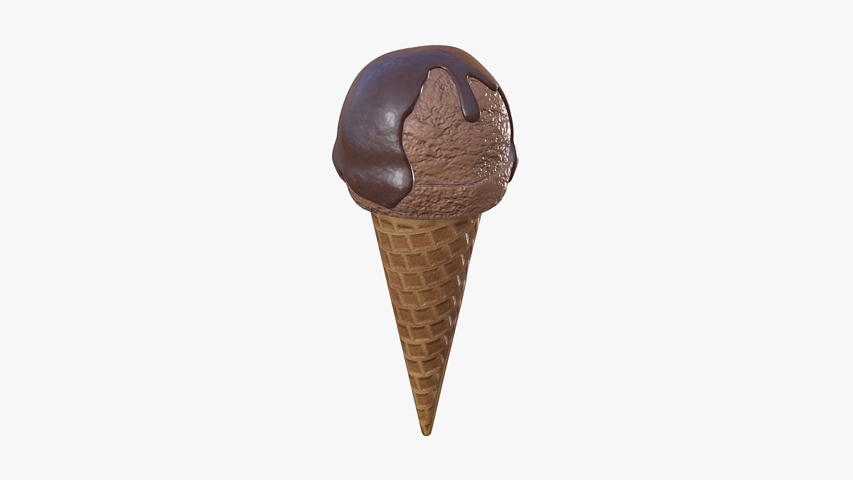 Ice cream ball with chocolate on top in waffle cone