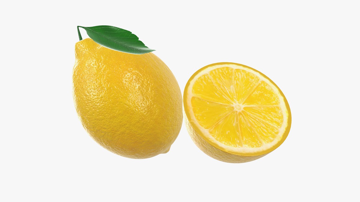 Fresh lemon with slice and leaf