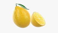 Fresh lemon with slice and leaf