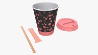 Paper coffee cup plastic lid sugar package wooden stick