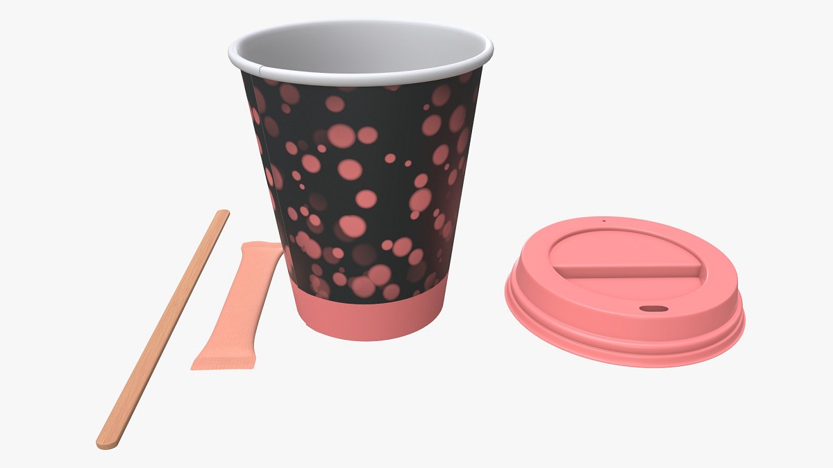 Paper coffee cup plastic lid sugar package wooden stick