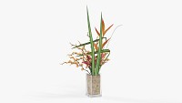 Lily bouquet with cherry branch and tall grass