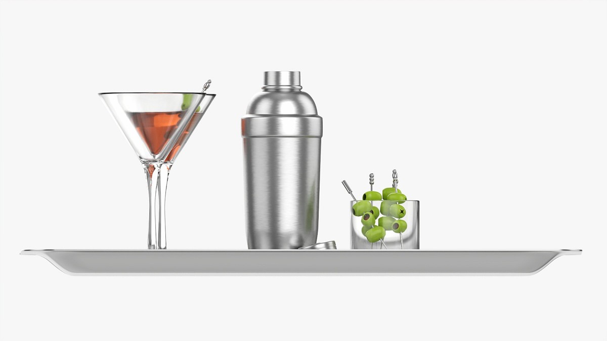 Cocktail with shaker on tray and olives