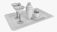 Cocktail with shaker on tray and olives
