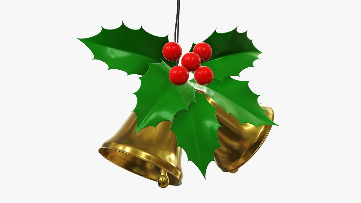 Golden christmas bells with holly berries