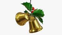 Golden christmas bells with holly berries