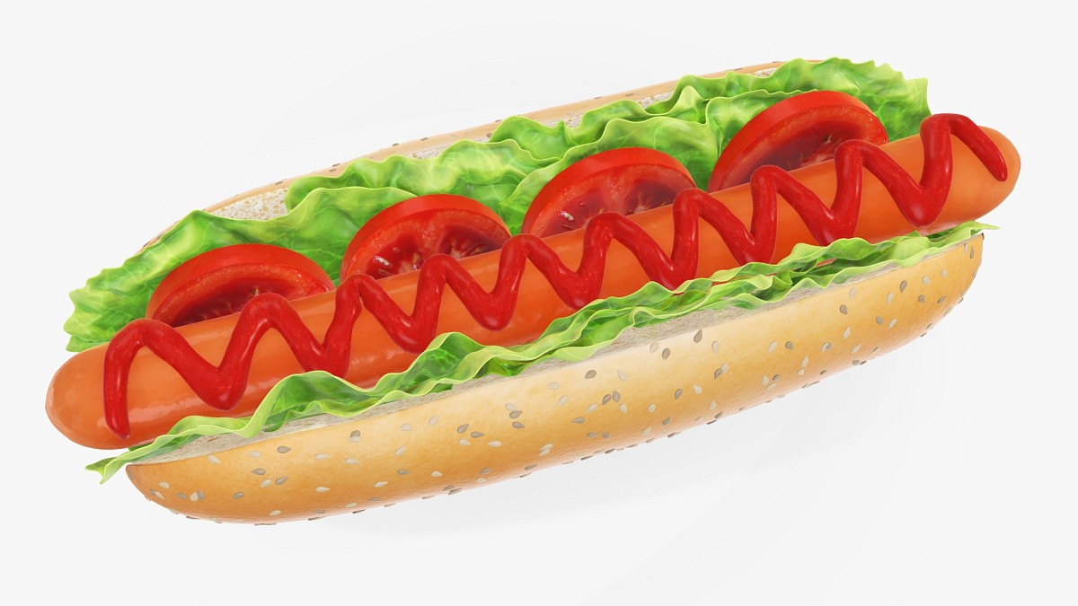 Hot dog with ketchup salad tomato seeds