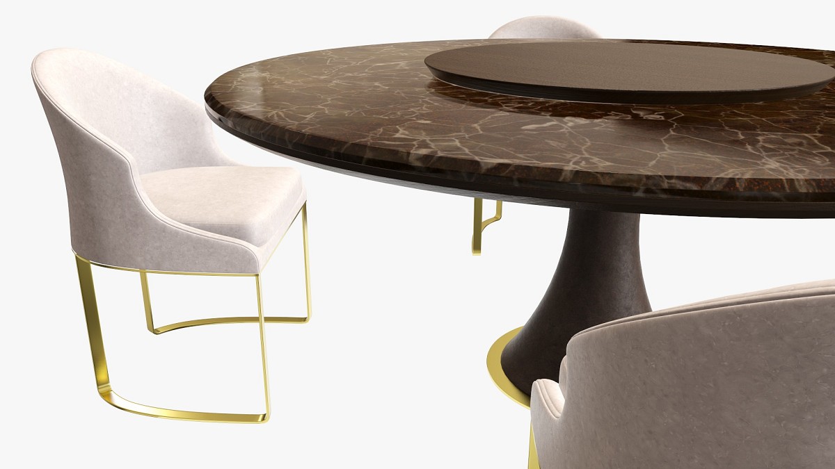 Dining table with marble top and modern chairs gold legs