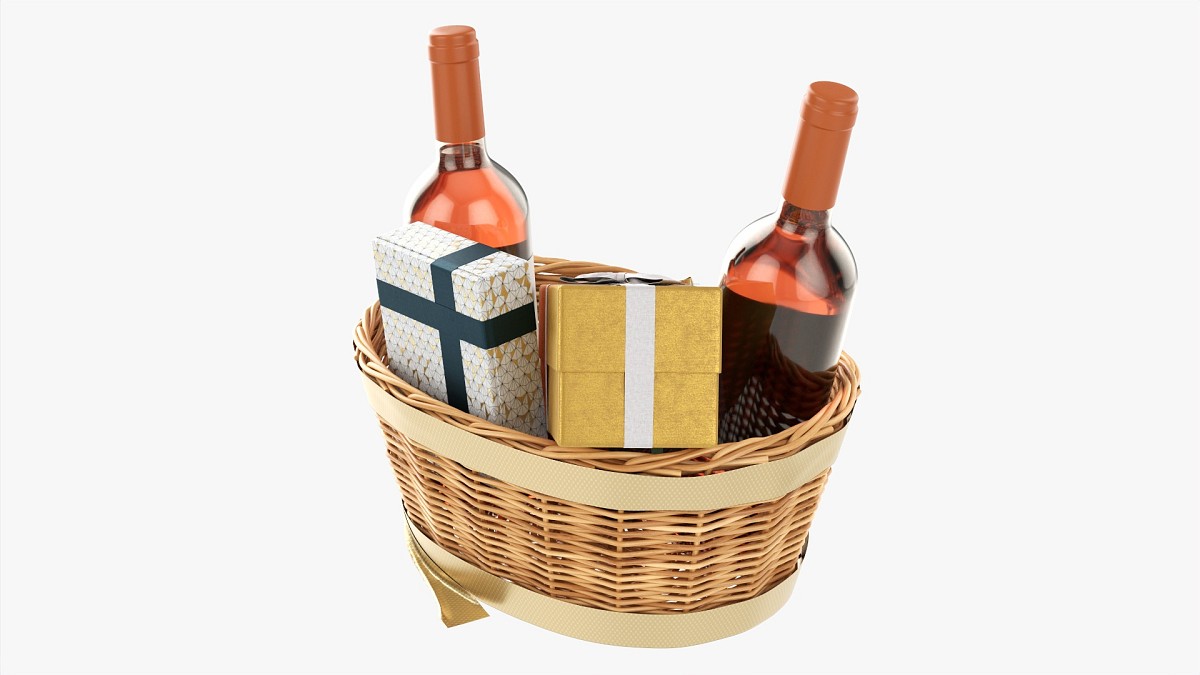 Wine Bottle In Wicker Wooden Basket 02