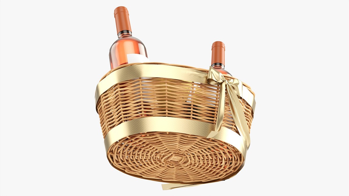 Wine Bottle In Wicker Wooden Basket 02