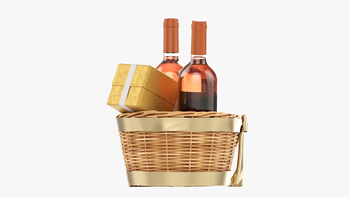 Wine Bottle In Wicker Wooden Basket 02