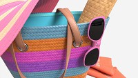 Color striped beach bag with straw hat
