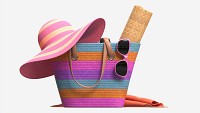 Color striped beach bag with straw hat