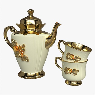 Teapot Cups Gold Flowers