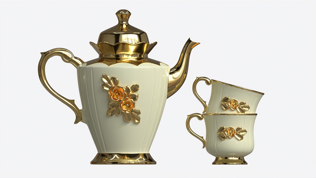 Teapot and Cups Decorated with Golden Flowers