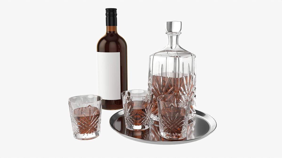 Whiskey Set on Tray Decanter Bottle and Glasses