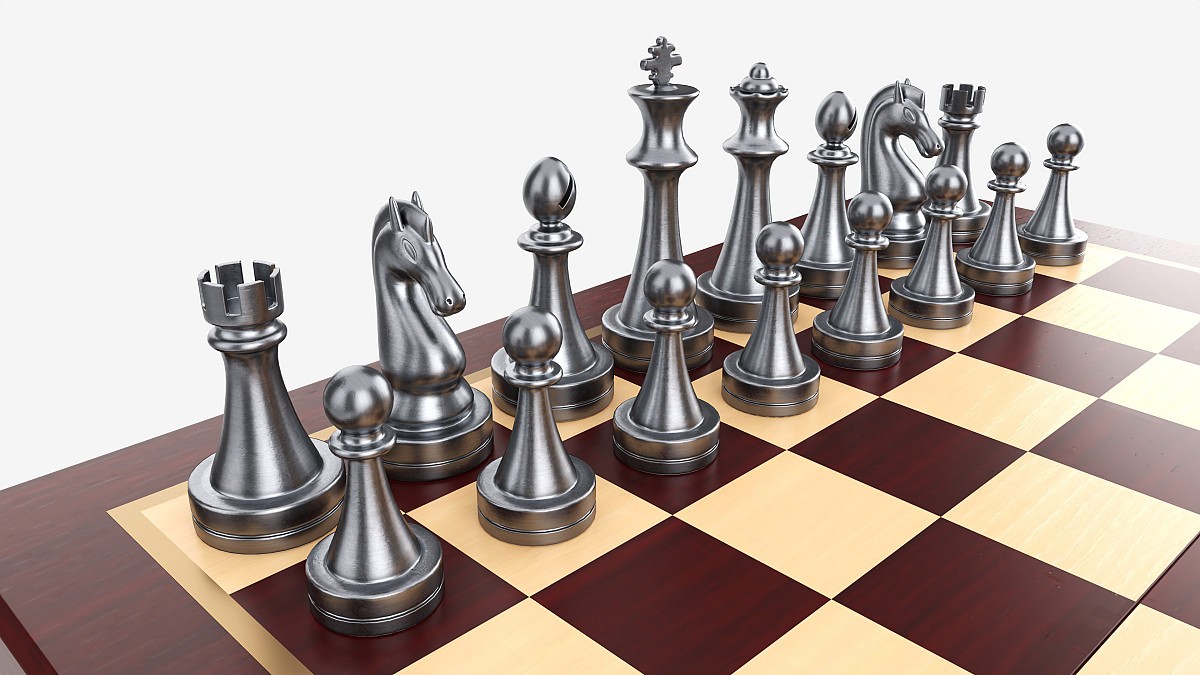 Chessboard with metallic pieces