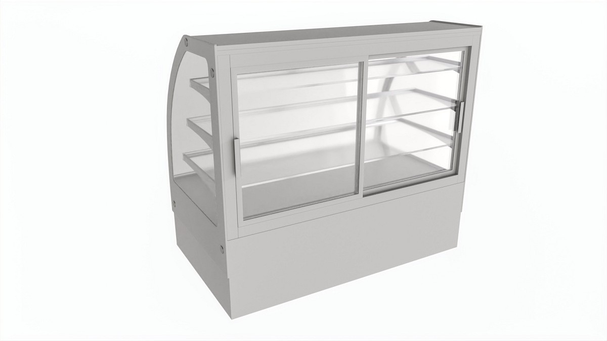 Store cake display shelf with curved glass and cooling