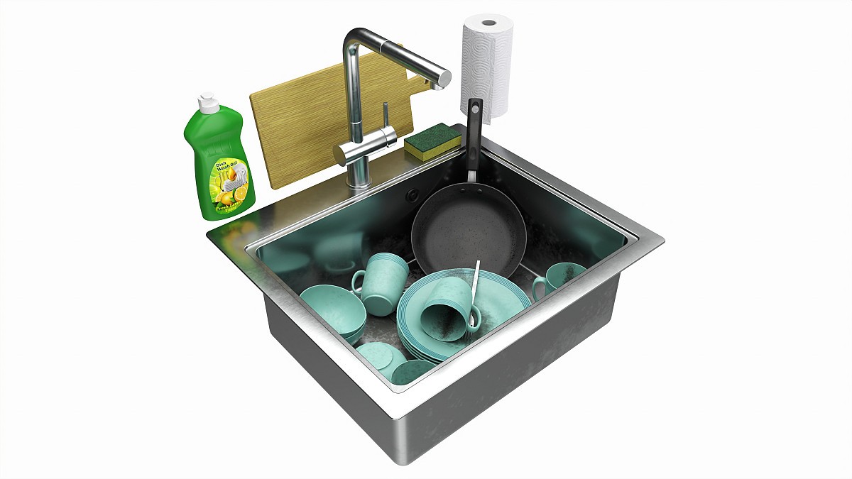 Sink with dishes frying pan cups and washing accessories