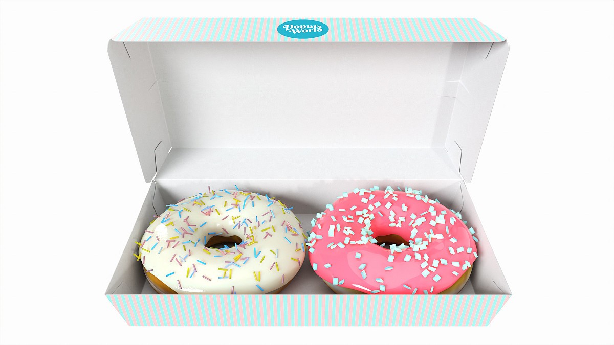 A pair of donuts in cardboard box