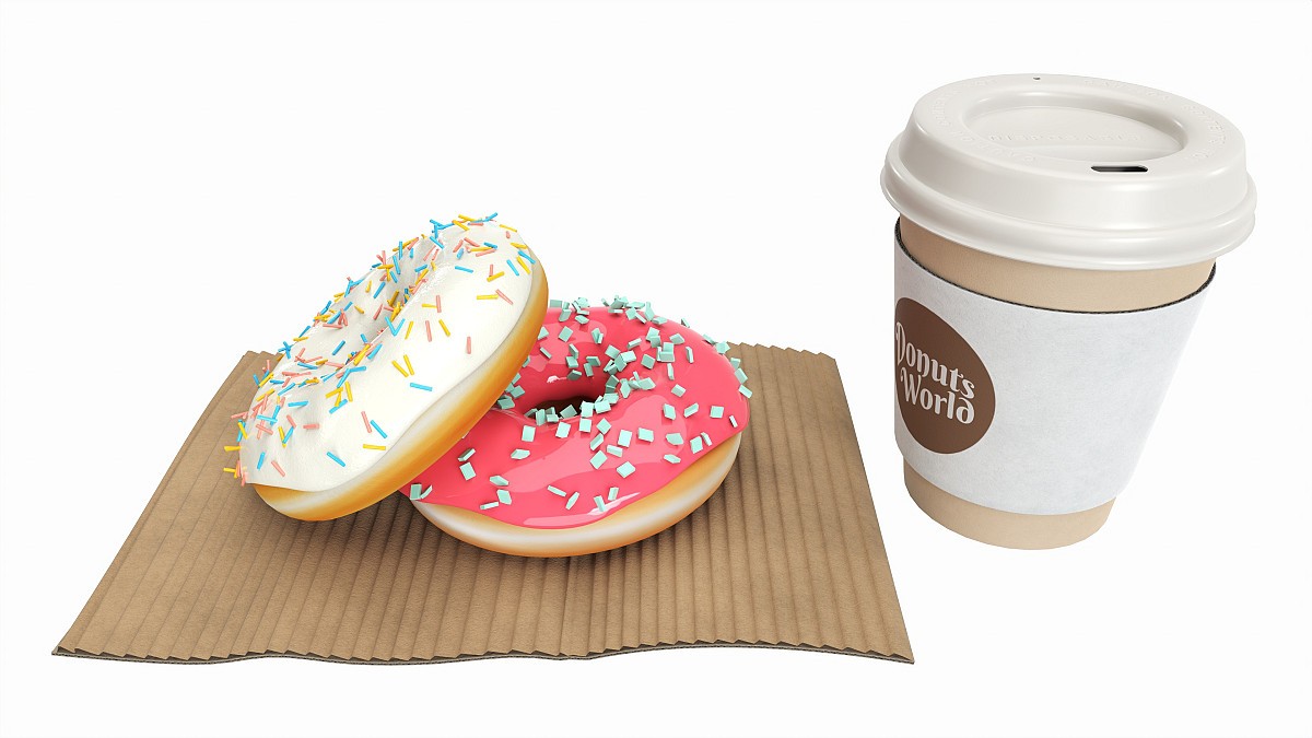 Paper coffee cup with pair of donuts