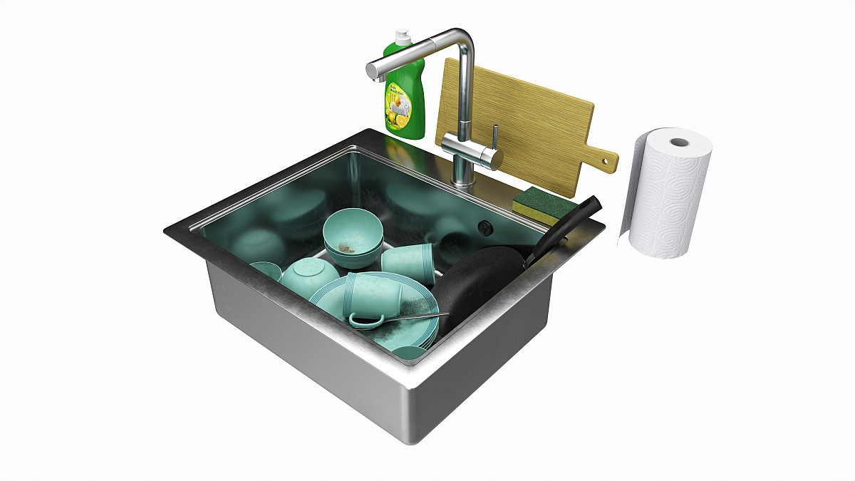 Sink with dishes frying pan cups and washing accessories