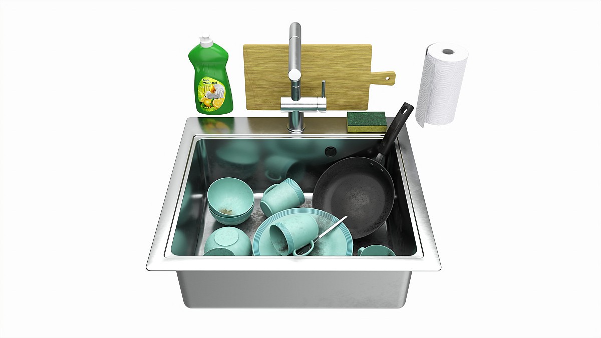 Sink with dishes frying pan cups and washing accessories