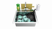 Sink with dishes frying pan cups and washing accessories