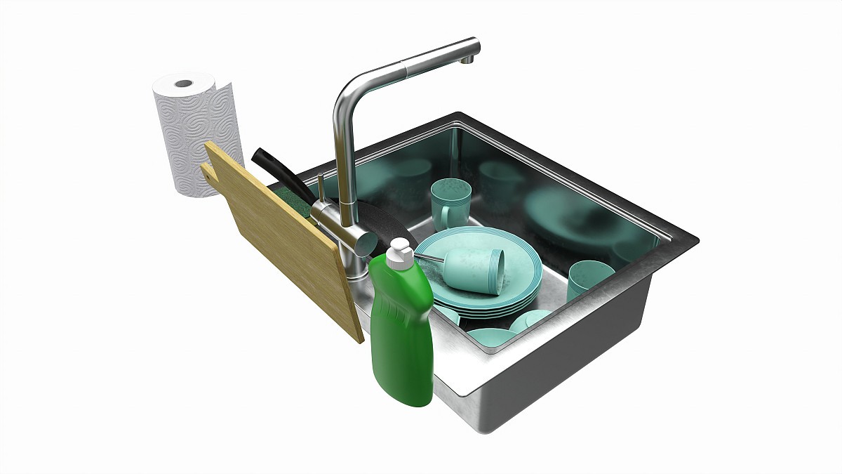 Sink with dishes frying pan cups and washing accessories