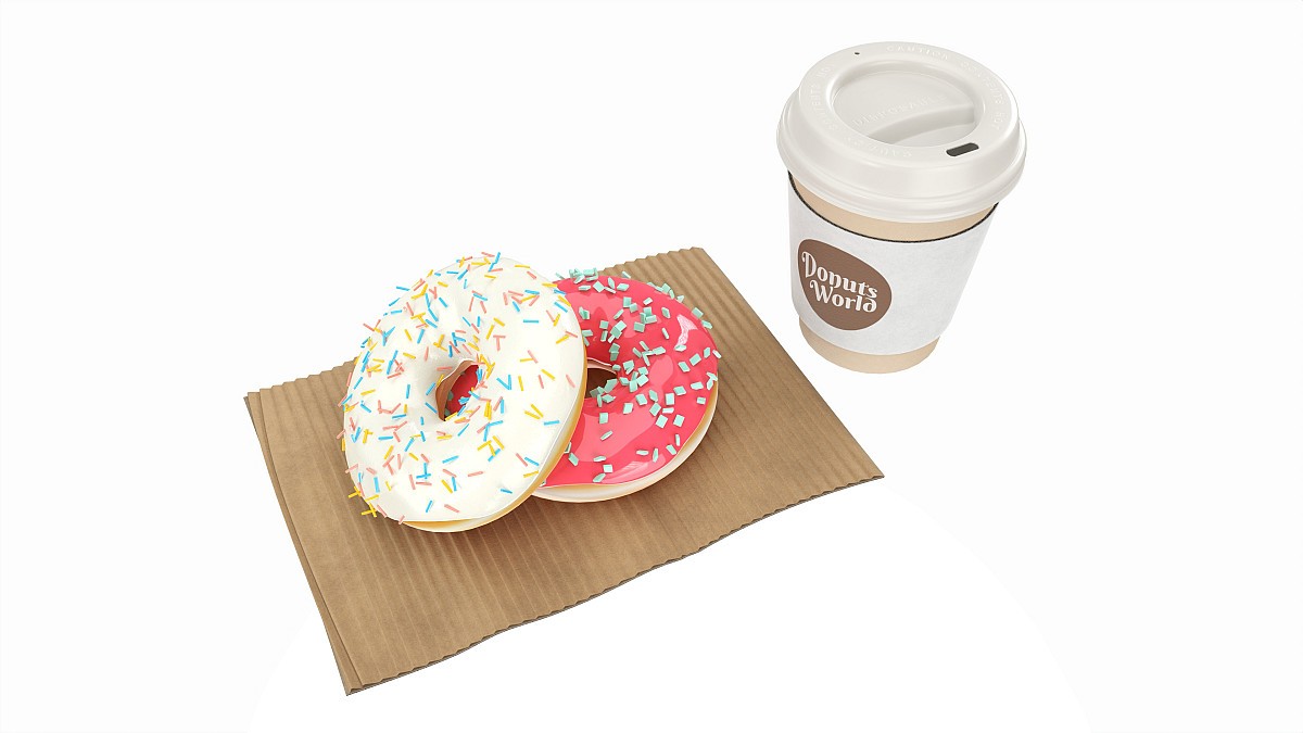 Paper coffee cup with pair of donuts