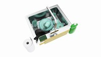 Sink with dishes frying pan cups and washing accessories