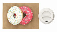 Paper coffee cup with pair of donuts