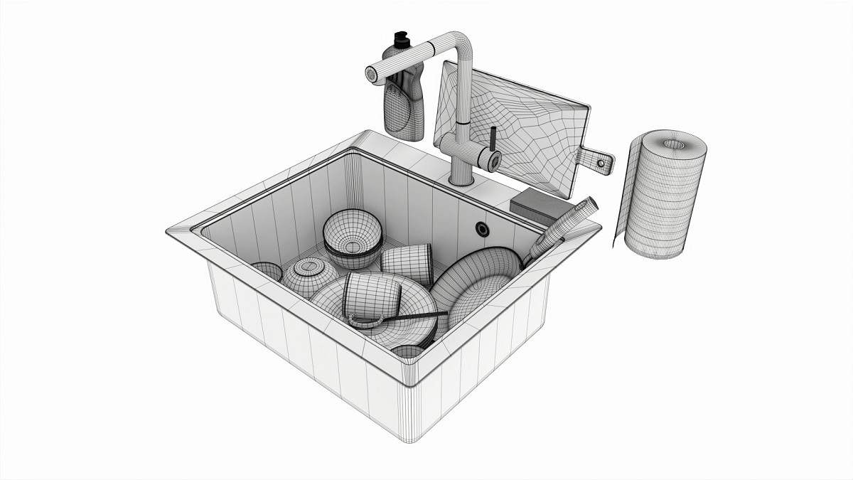 Sink with dishes frying pan cups and washing accessories