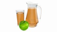 Jug and glass with apple juice and fruit