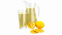 Jug and glass with lemon juice and fruit