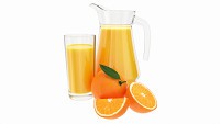 Jug and glass with orange juice and fruit