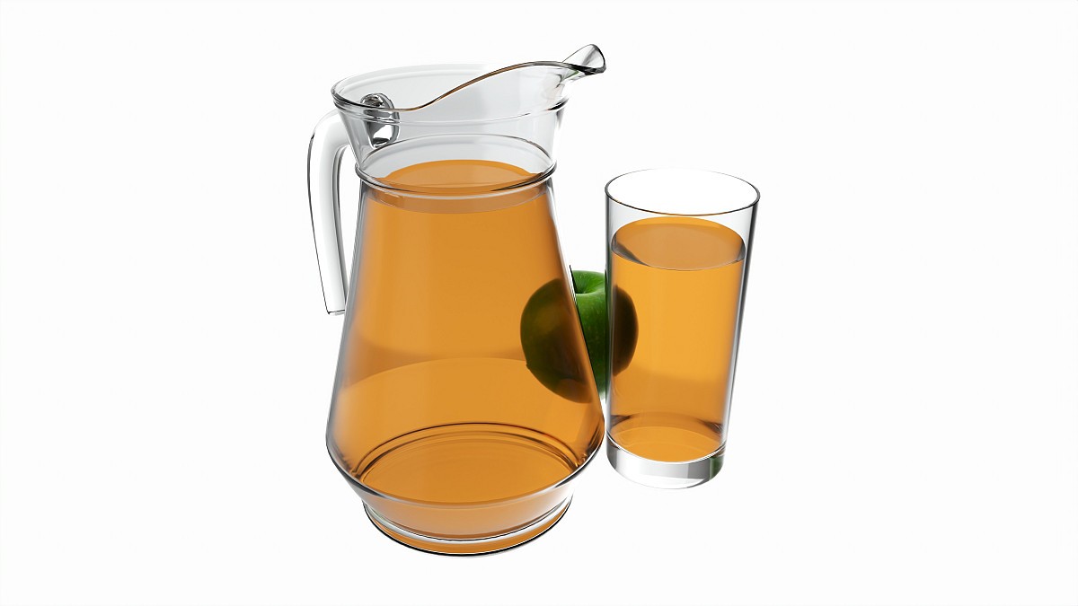 Jug and glass with apple juice and fruit