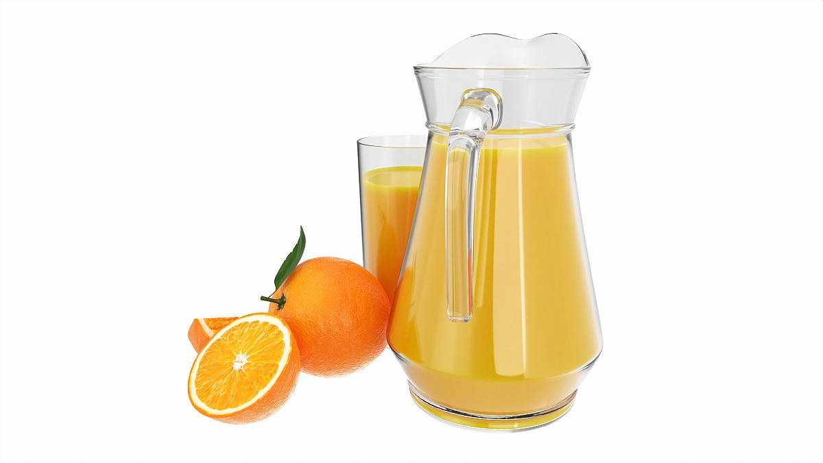 Jug and glass with orange juice and fruit