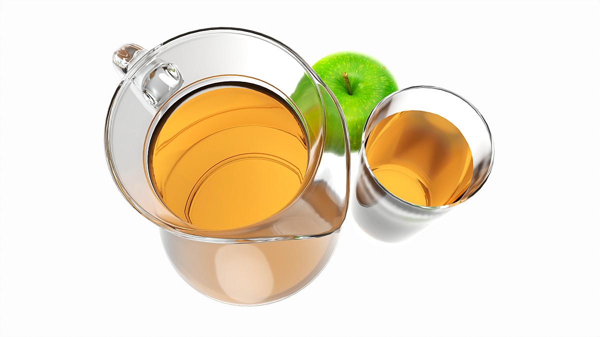 Jug and glass with apple juice and fruit