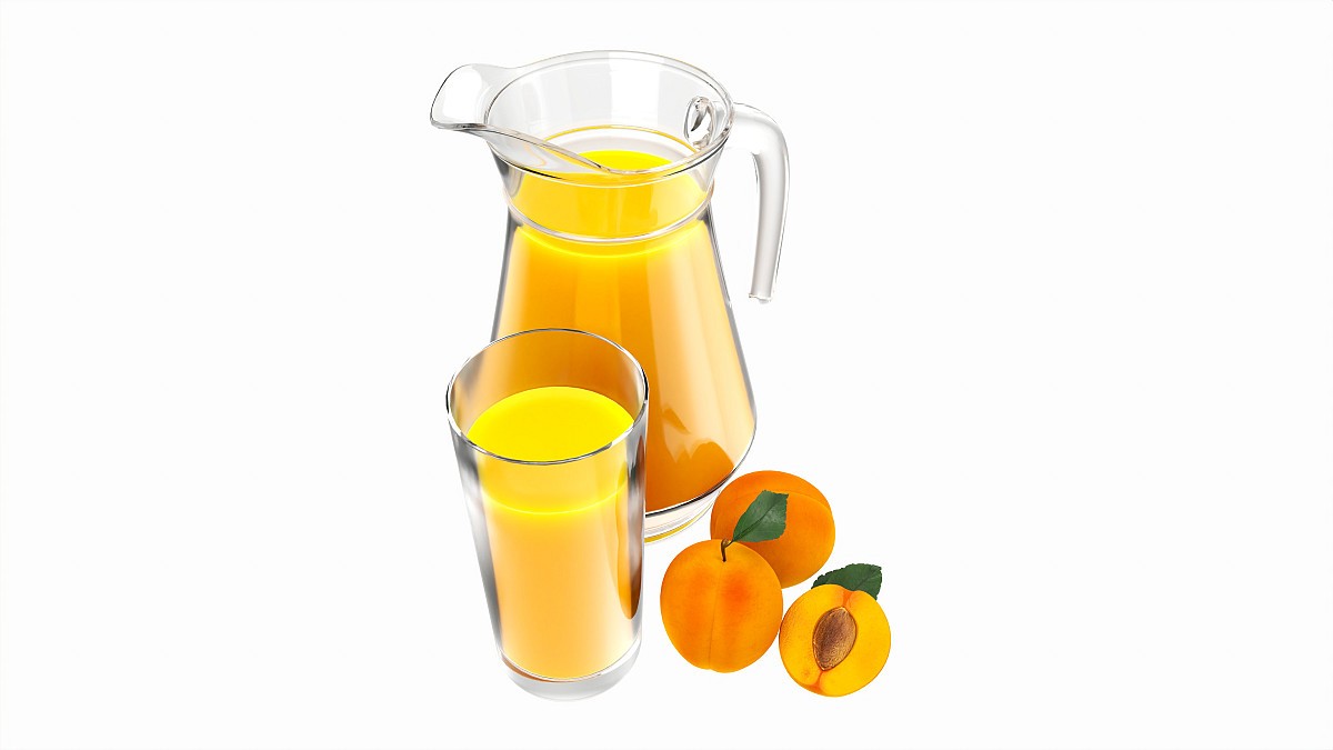 Jug and glass with apricot juice and fruit