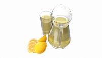 Jug and glass with lemon juice and fruit